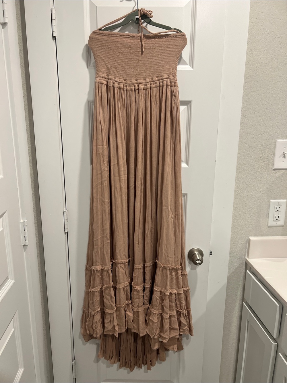 Free People Strapless Smocked Maxi Dress in Taupe